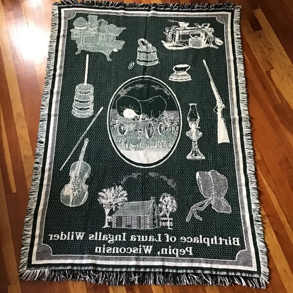 Laura Ingalls Wilder Vintage Throw Birthplace Wisconsin Dark Green Blanket